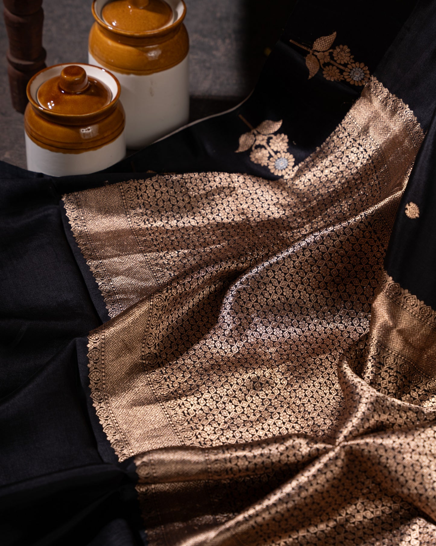 Black and Gold Banarasi Soft Tussar Butta Saree