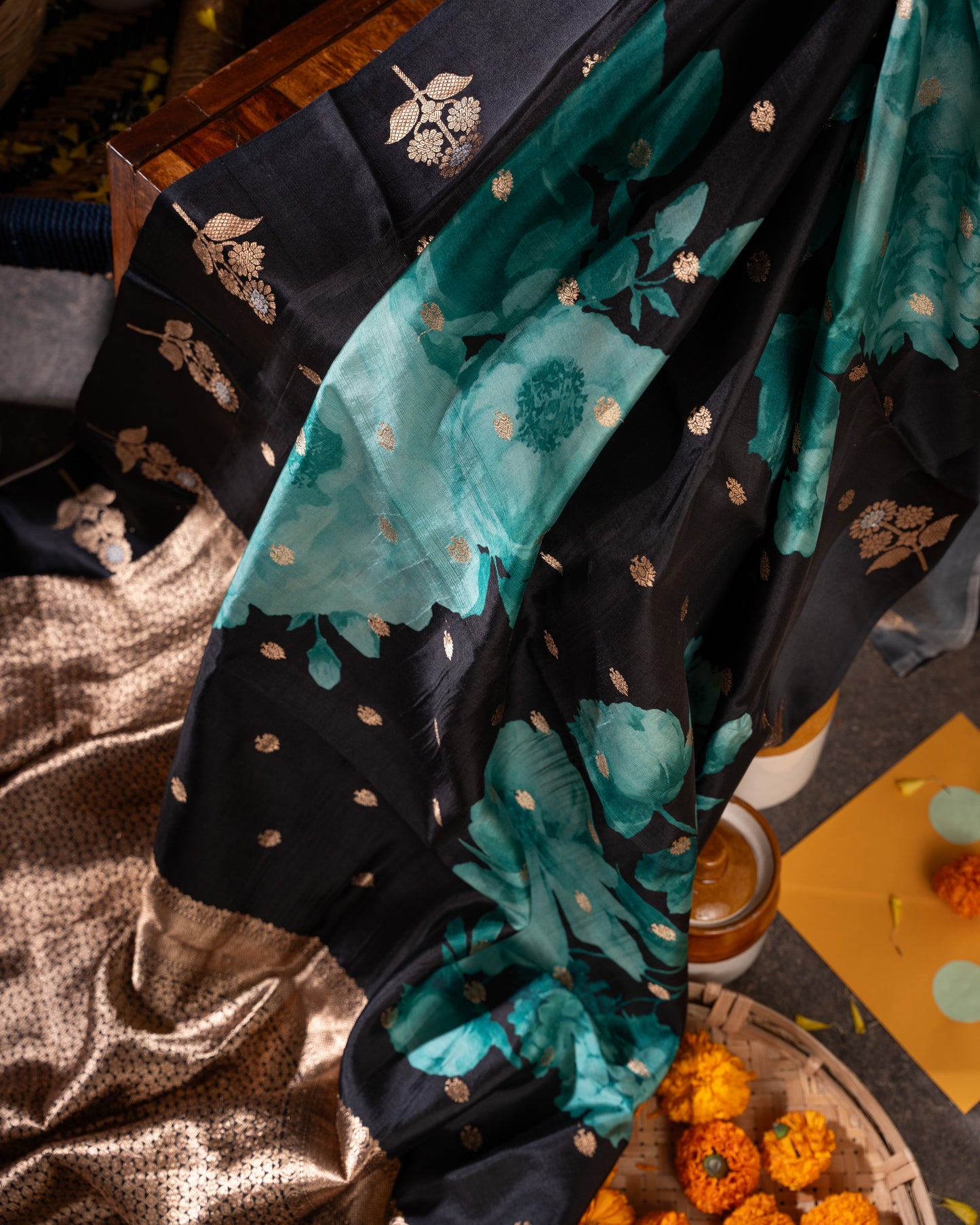 Black and Gold Banarasi Soft Tussar Butta Saree