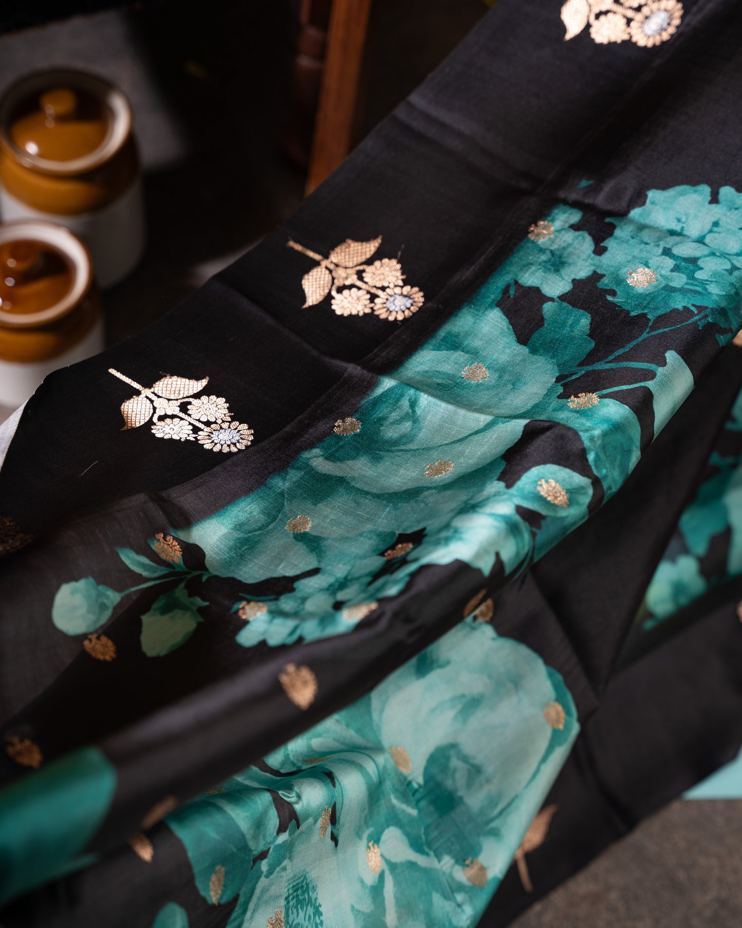 Black and Gold Banarasi Soft Tussar Butta Saree