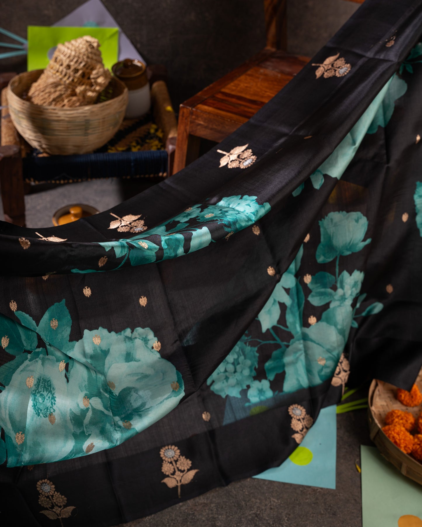 Black and Gold Banarasi Soft Tussar Butta Saree