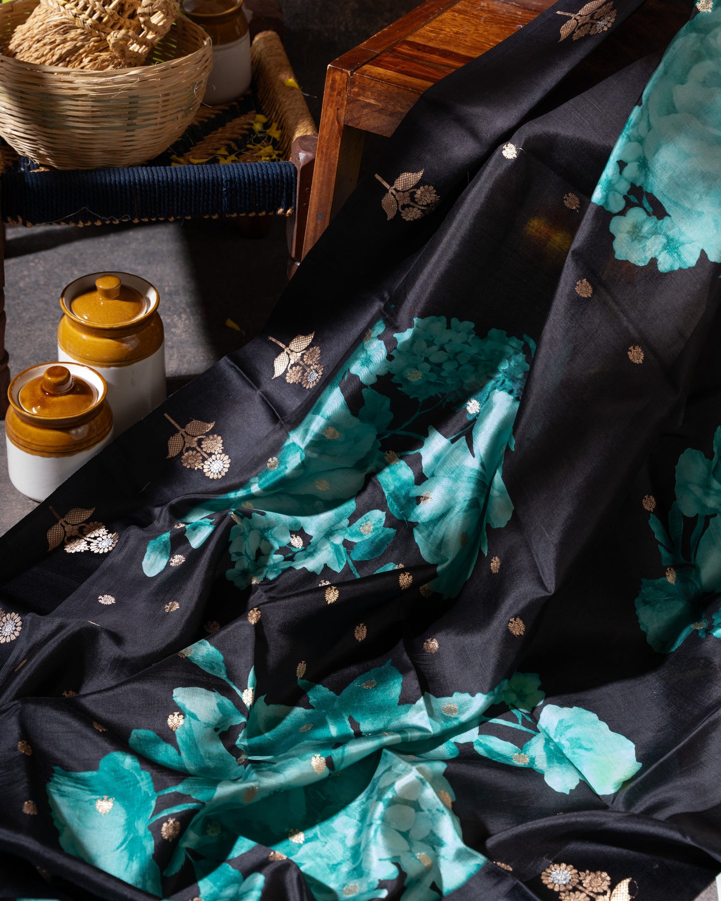 Black and Gold Banarasi Soft Tussar Butta Saree