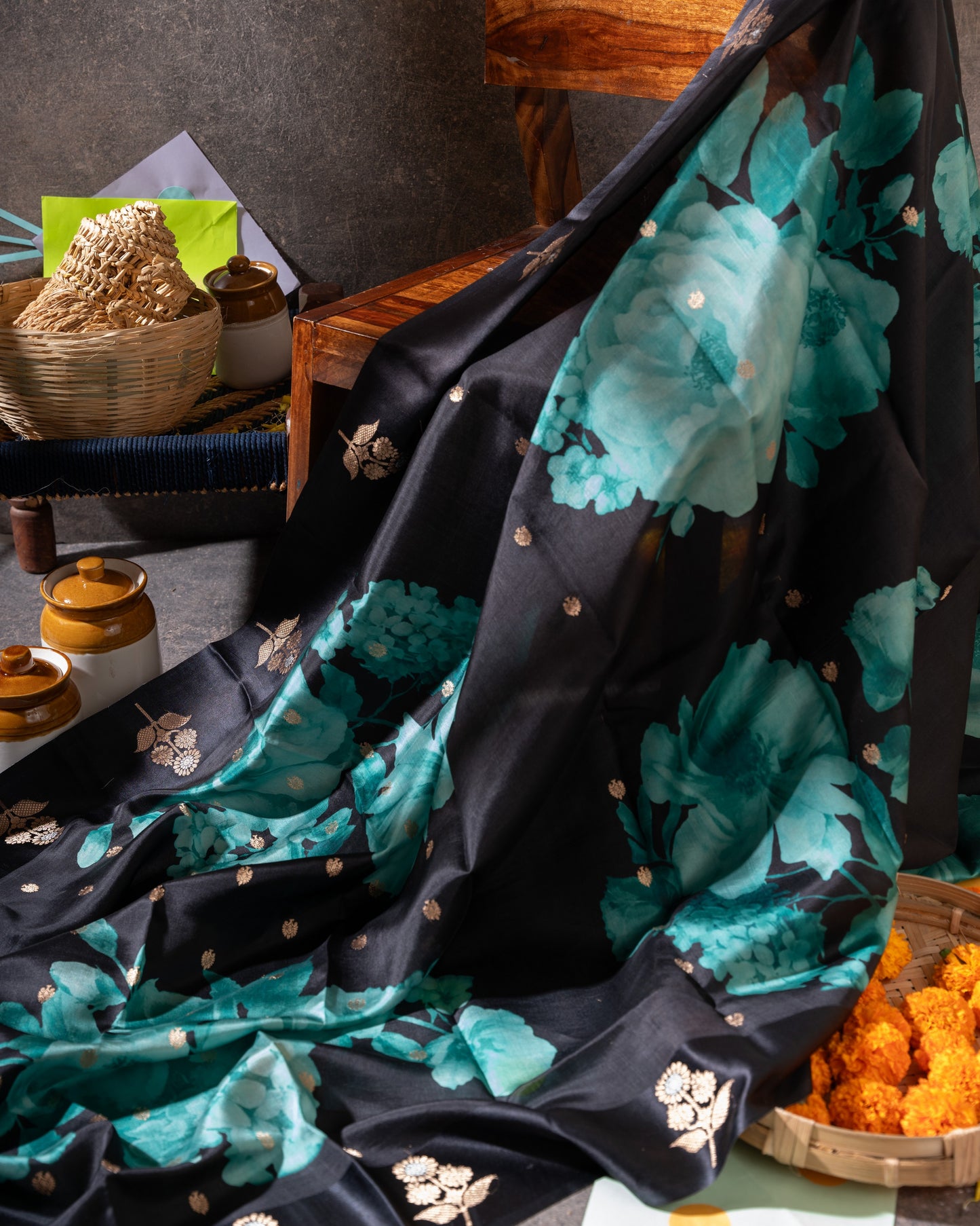 Black and Gold Banarasi Soft Tussar Butta Saree