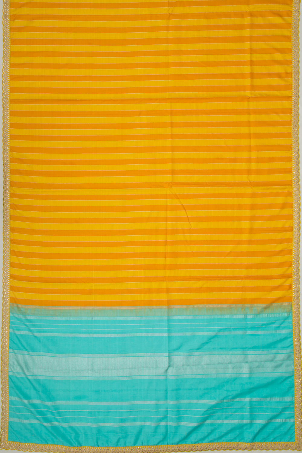 Kanchipuram Silk Vertical Lines Mustard Yellow Saree With Sequin Scallop Border
