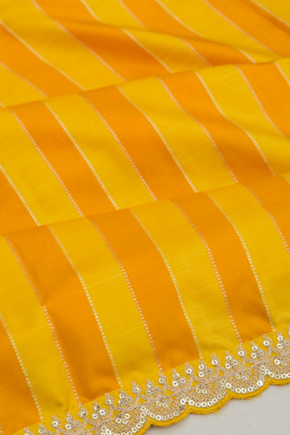 Kanchipuram Silk Vertical Lines Mustard Yellow Saree With Sequin Scallop Border