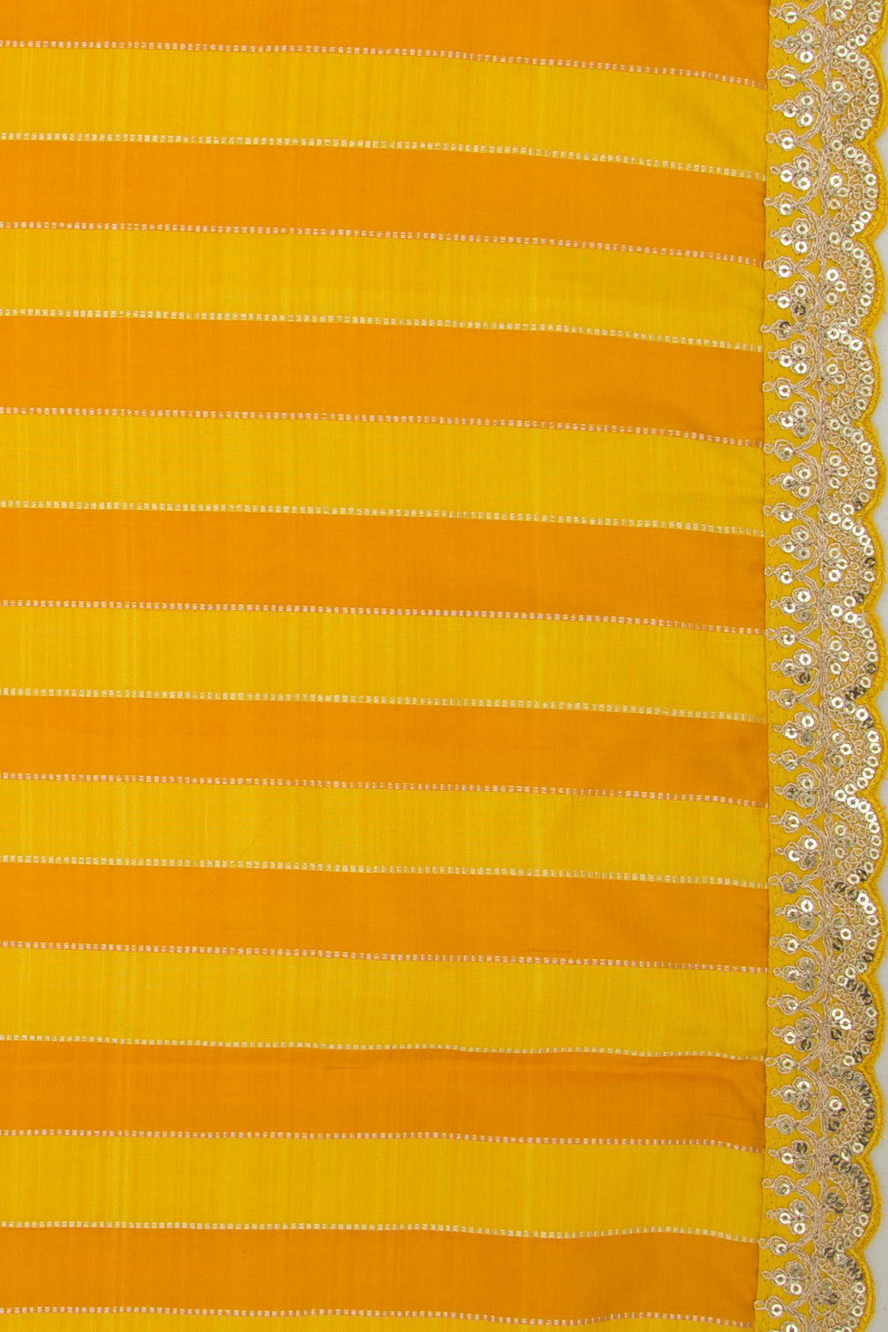 Kanchipuram Silk Vertical Lines Mustard Yellow Saree With Sequin Scallop Border