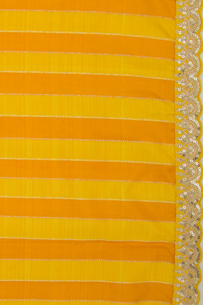 Kanchipuram Silk Vertical Lines Mustard Yellow Saree With Sequin Scallop Border