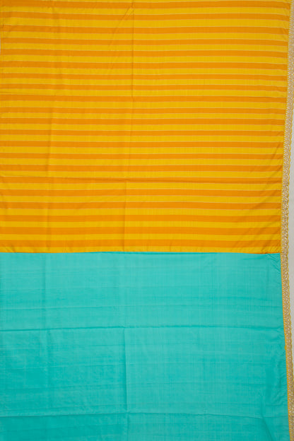 Kanchipuram Silk Vertical Lines Mustard Yellow Saree With Sequin Scallop Border