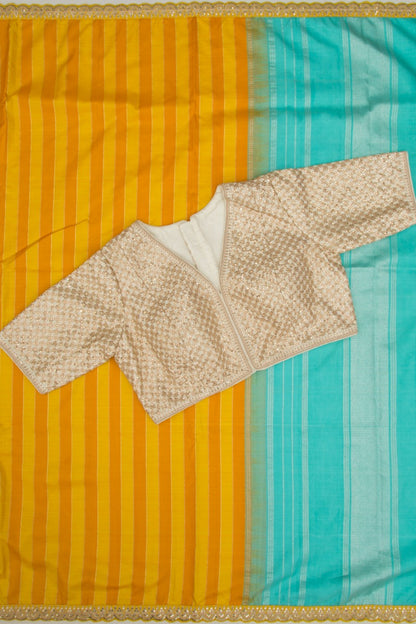 Kanchipuram Silk Vertical Lines Mustard Yellow Saree With Sequin Scallop Border
