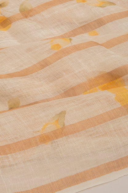 Pure Linen Floral Printed Cream Saree