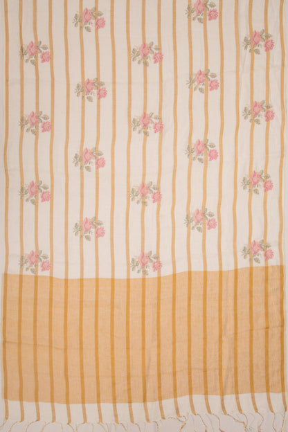 Pure Linen Floral Embroidery Cream Saree