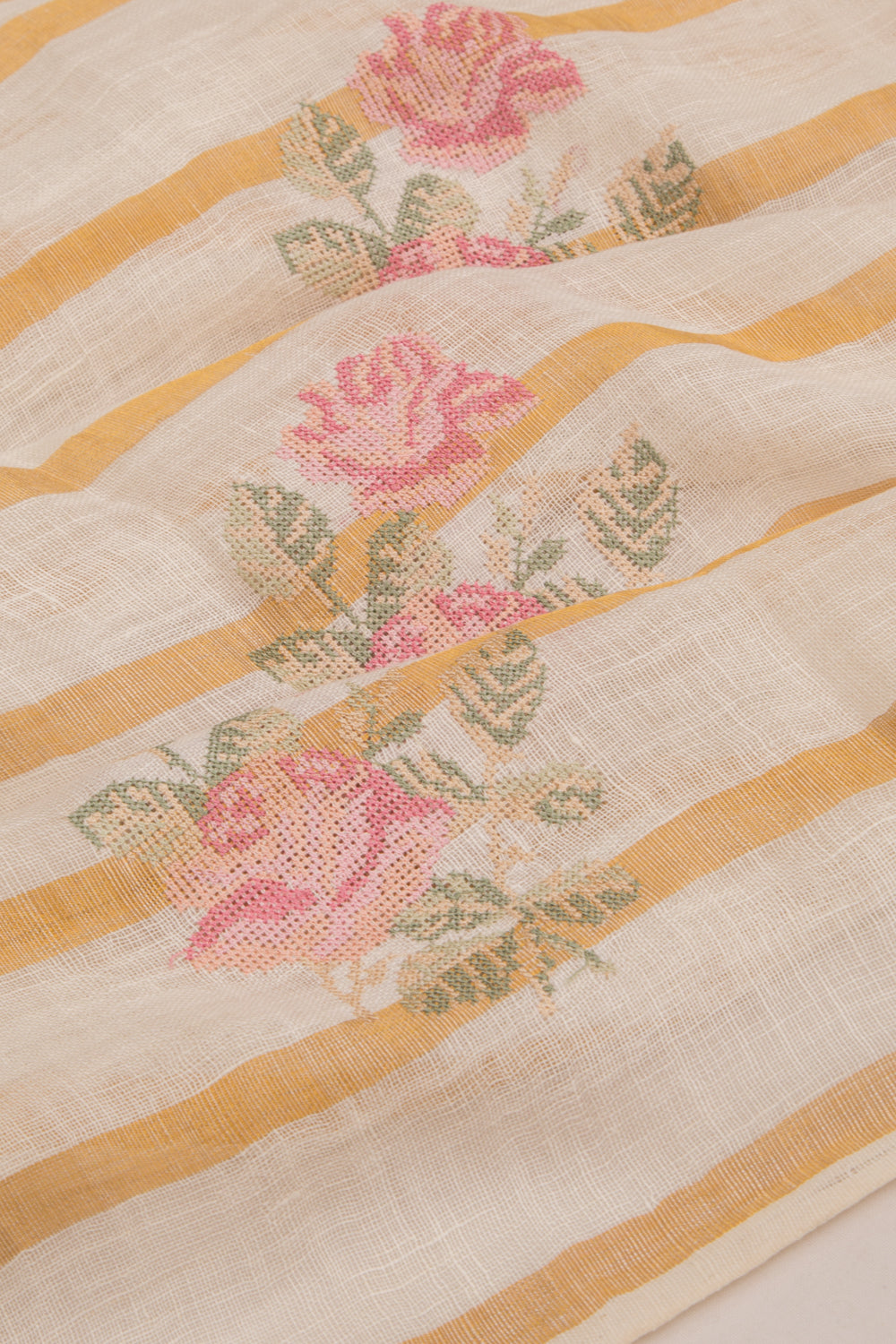 Pure Linen Floral Embroidery Cream Saree