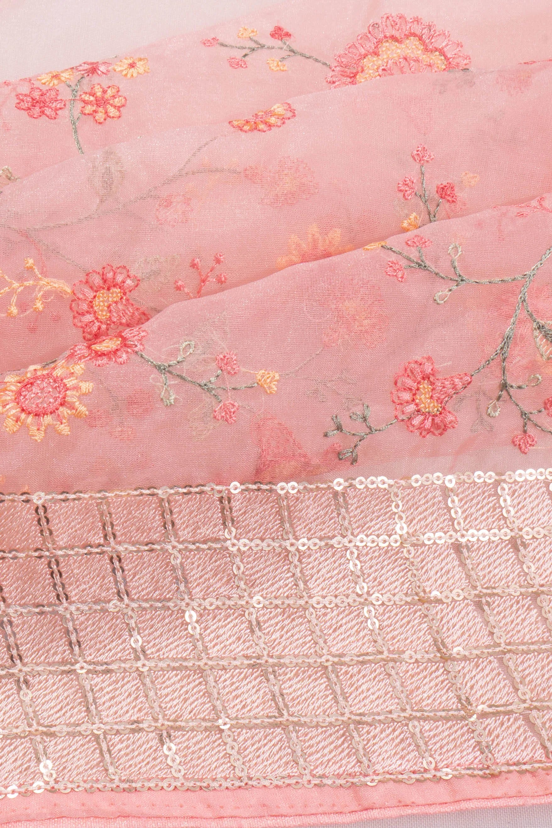 Organza Tissue Embroidery Jaal Peach Saree