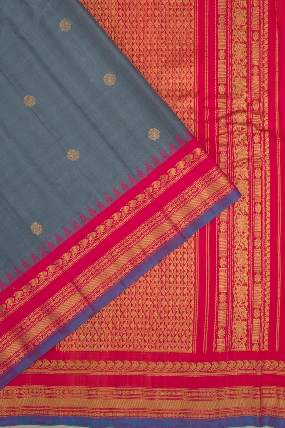 Gadwal Cotton Silk Butta Elephant Grey Saree