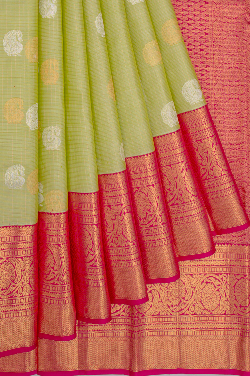 Kanchipuram Silk Checks And Butta Pista Green Saree