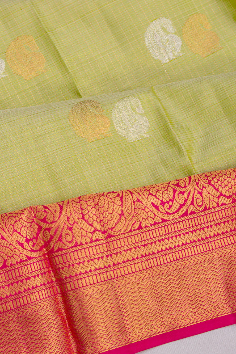 Kanchipuram Silk Checks And Butta Pista Green Saree