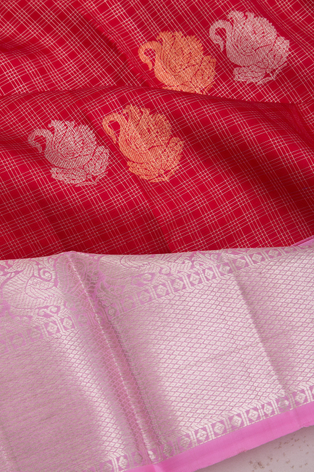 Kanchipuram Silk Checks And Butta Red Saree