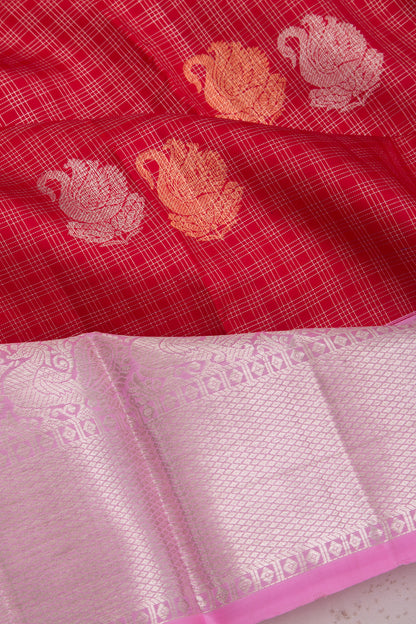 Kanchipuram Silk Checks And Butta Red Saree