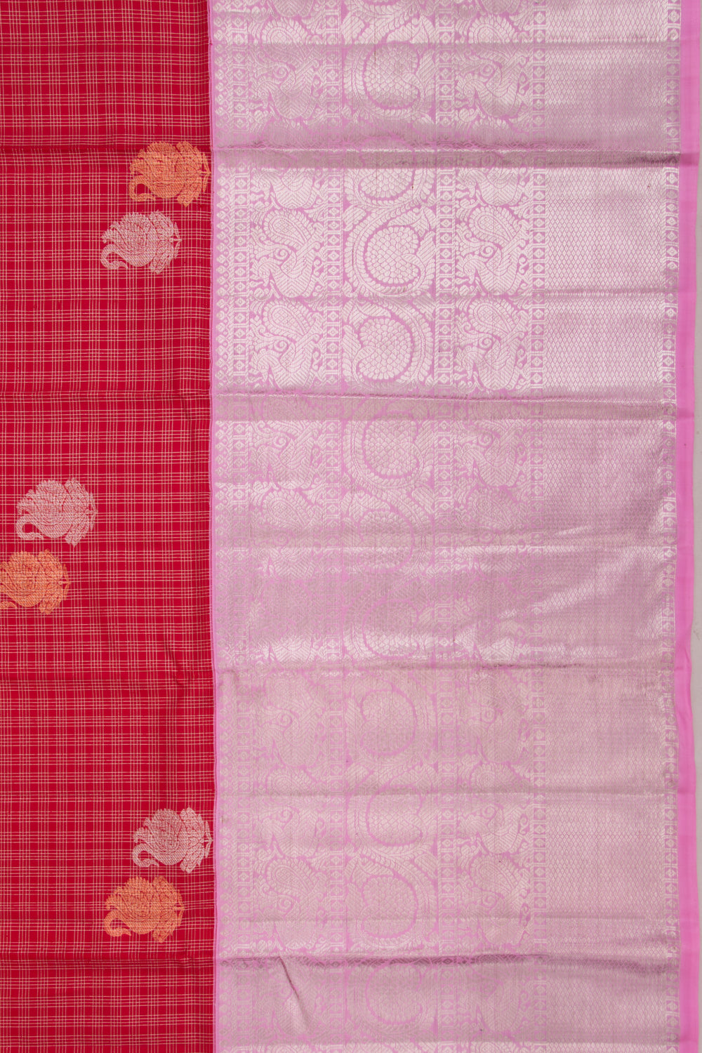 Kanchipuram Silk Checks And Butta Red Saree