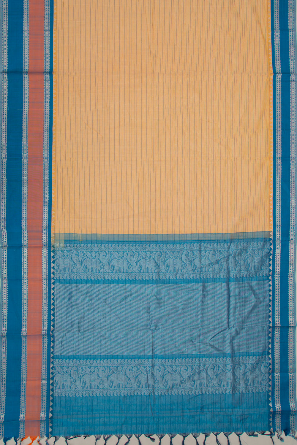 Gadwal Cotton Horizontal Lines Cream Saree