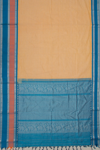 Gadwal Cotton Horizontal Lines Cream Saree