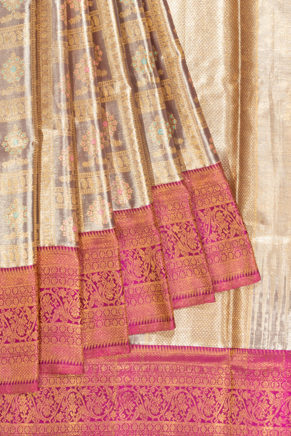 Kanchipuram Silk Tissue Brocade Grey Saree