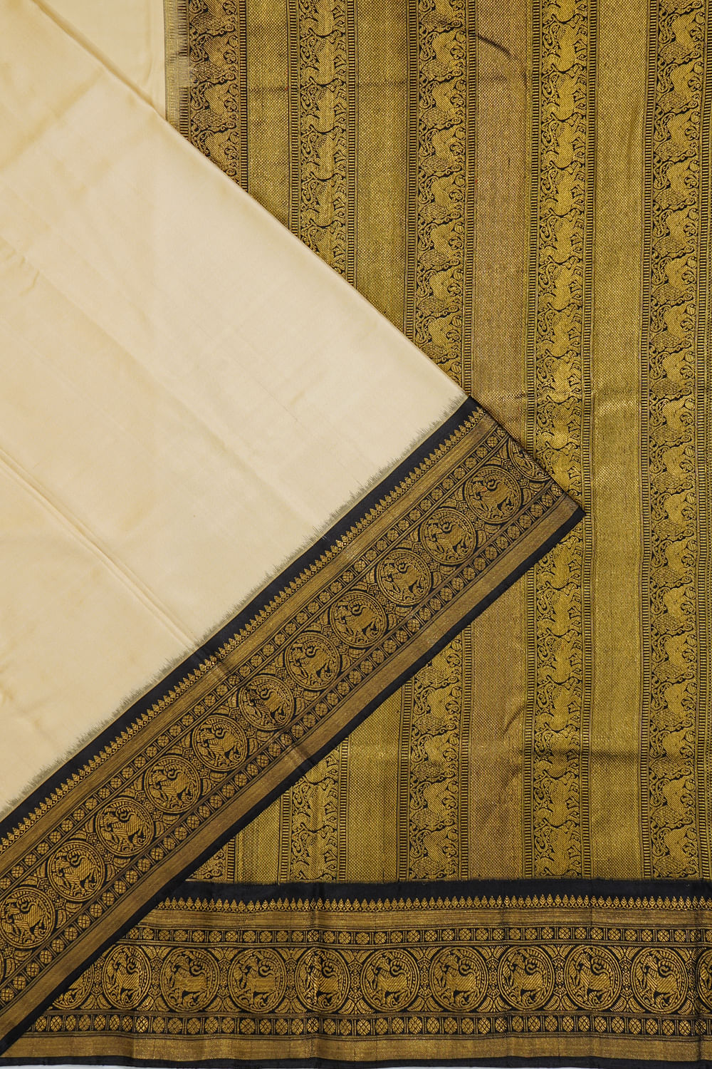 Kanchipuram Silk Twill Plain Cream Saree With Ikat Blouse