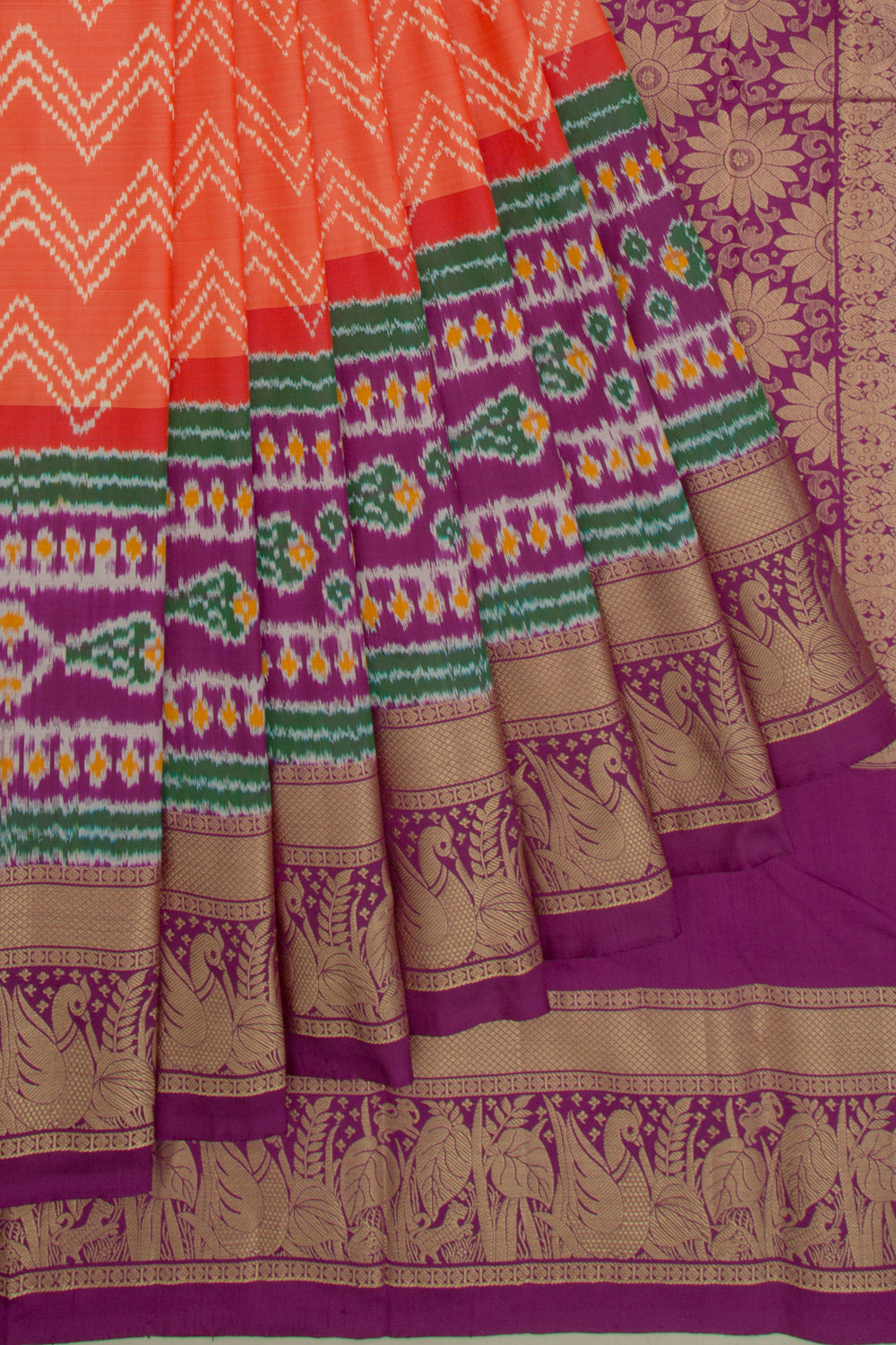 Kanchipuram Silk Ikat Zig Zag Lines Orange Saree