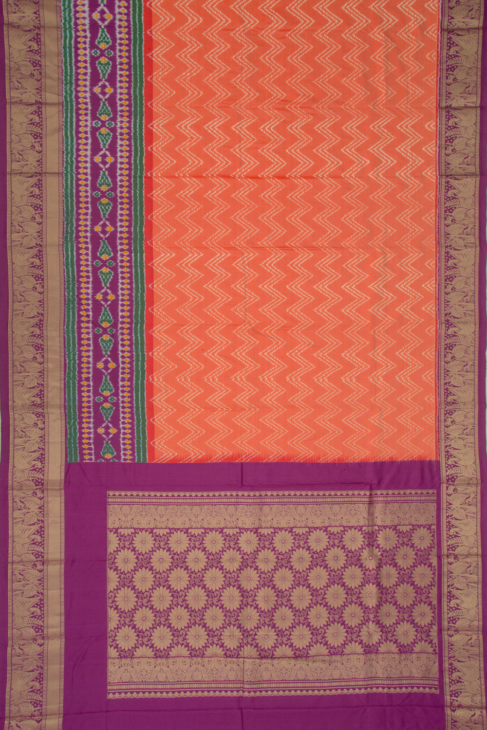 Kanchipuram Silk Ikat Zig Zag Lines Orange Saree
