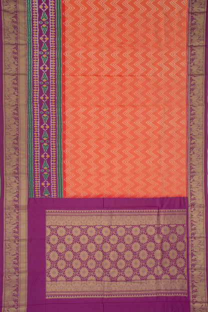Kanchipuram Silk Ikat Zig Zag Lines Orange Saree