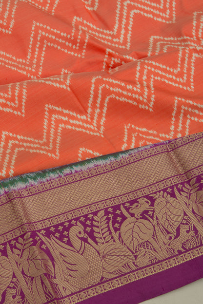 Kanchipuram Silk Ikat Zig Zag Lines Orange Saree