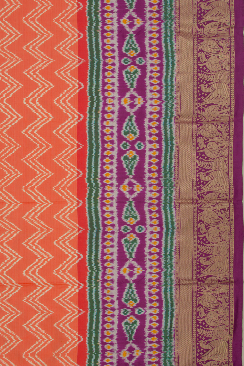 Kanchipuram Silk Ikat Zig Zag Lines Orange Saree