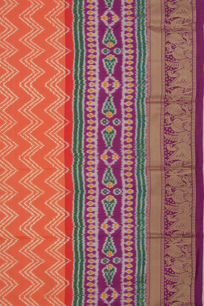 Kanchipuram Silk Ikat Zig Zag Lines Orange Saree