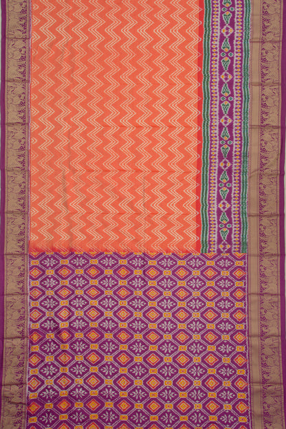 Kanchipuram Silk Ikat Zig Zag Lines Orange Saree