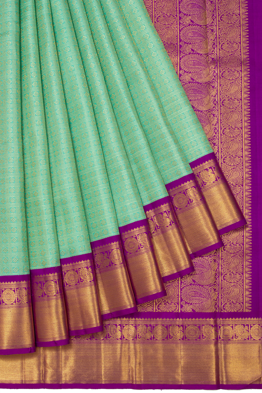 Kanchipuram Silk Checks And Butta Sea Green Saree
