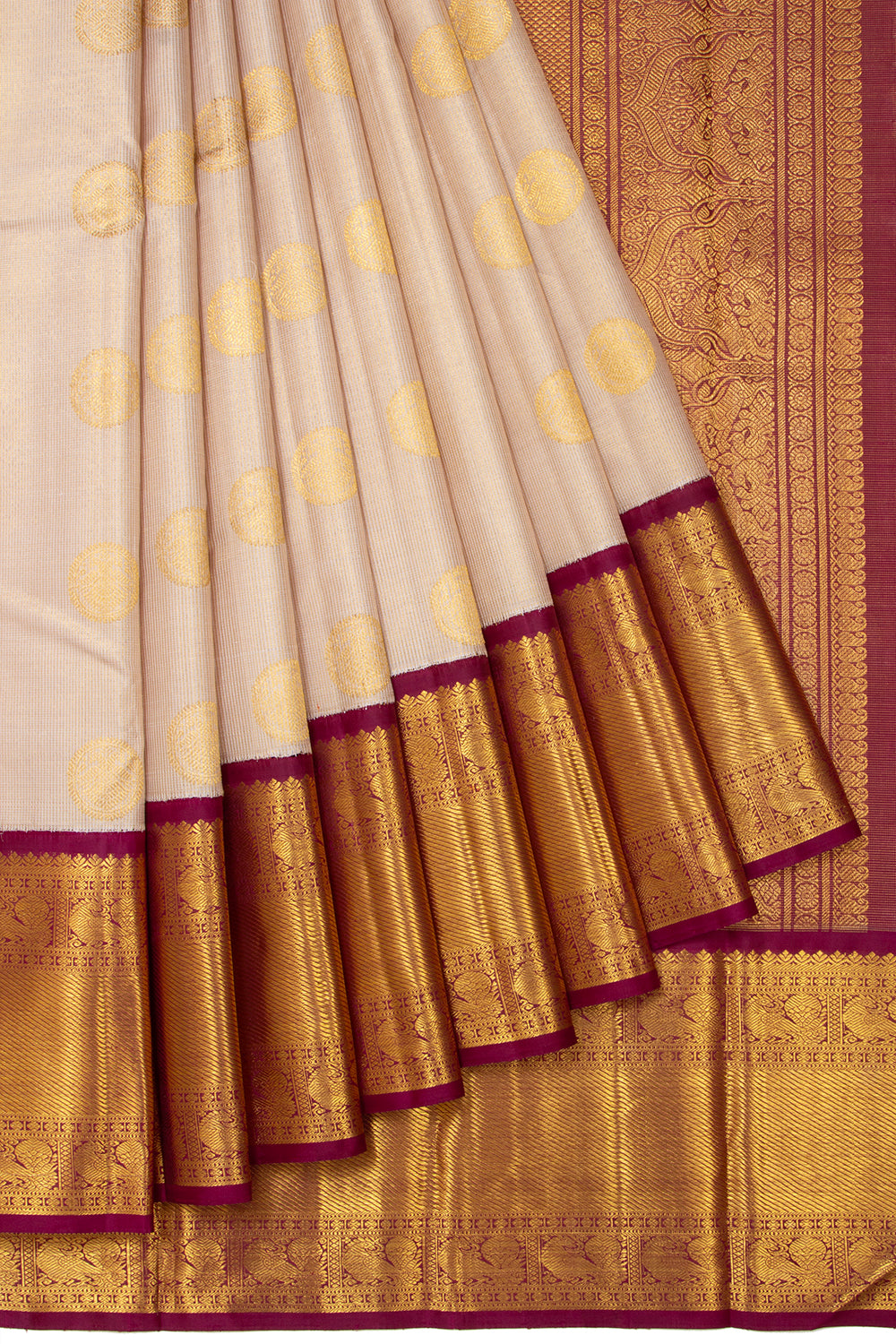 Kanchipuram Silk Checks And Butta Cream Saree