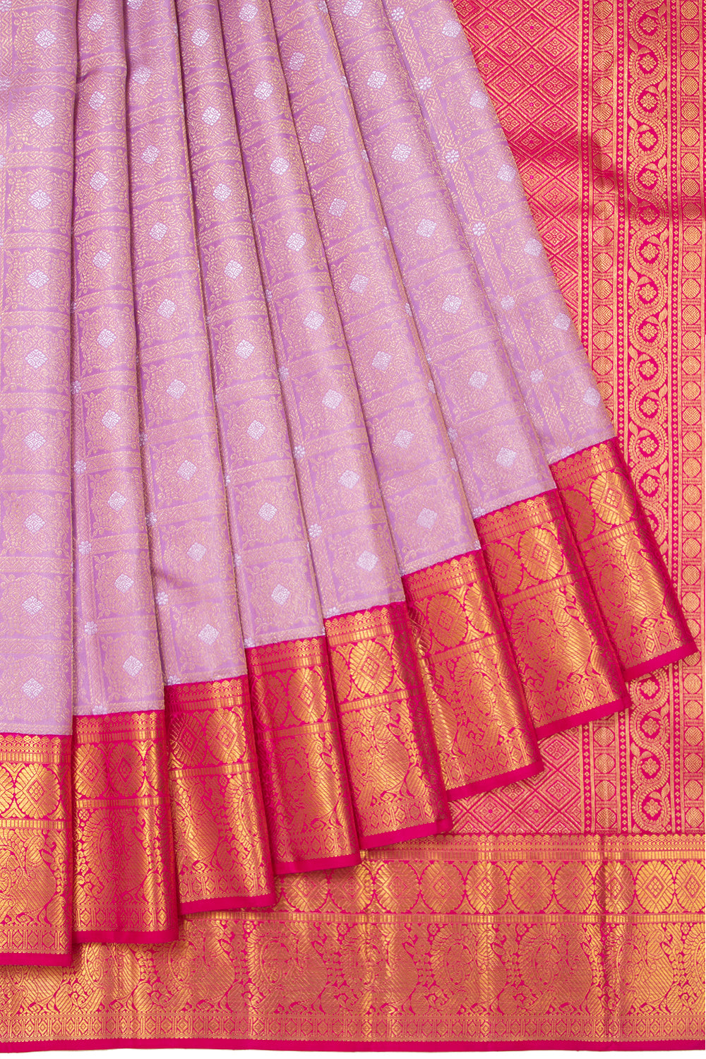 Kanchipuram Silk Checks And Butta Lavender Saree
