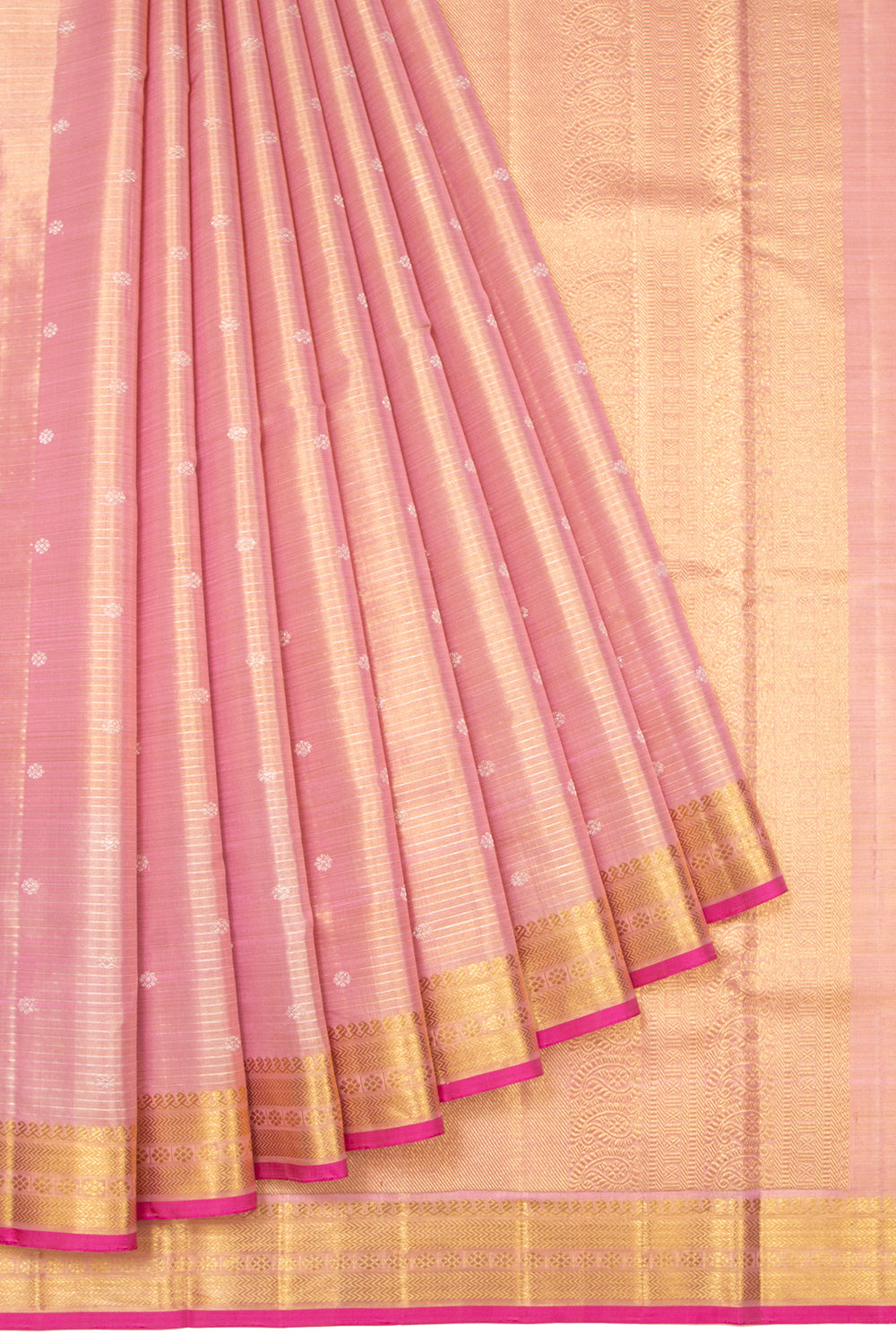 Kanchipuram Silk Tissue Horizontal Lines Pink Saree With Small Border