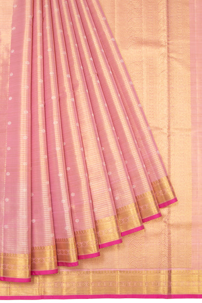 Kanchipuram Silk Tissue Horizontal Lines Pink Saree With Small Border