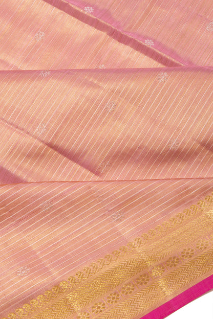 Kanchipuram Silk Tissue Horizontal Lines Pink Saree With Small Border