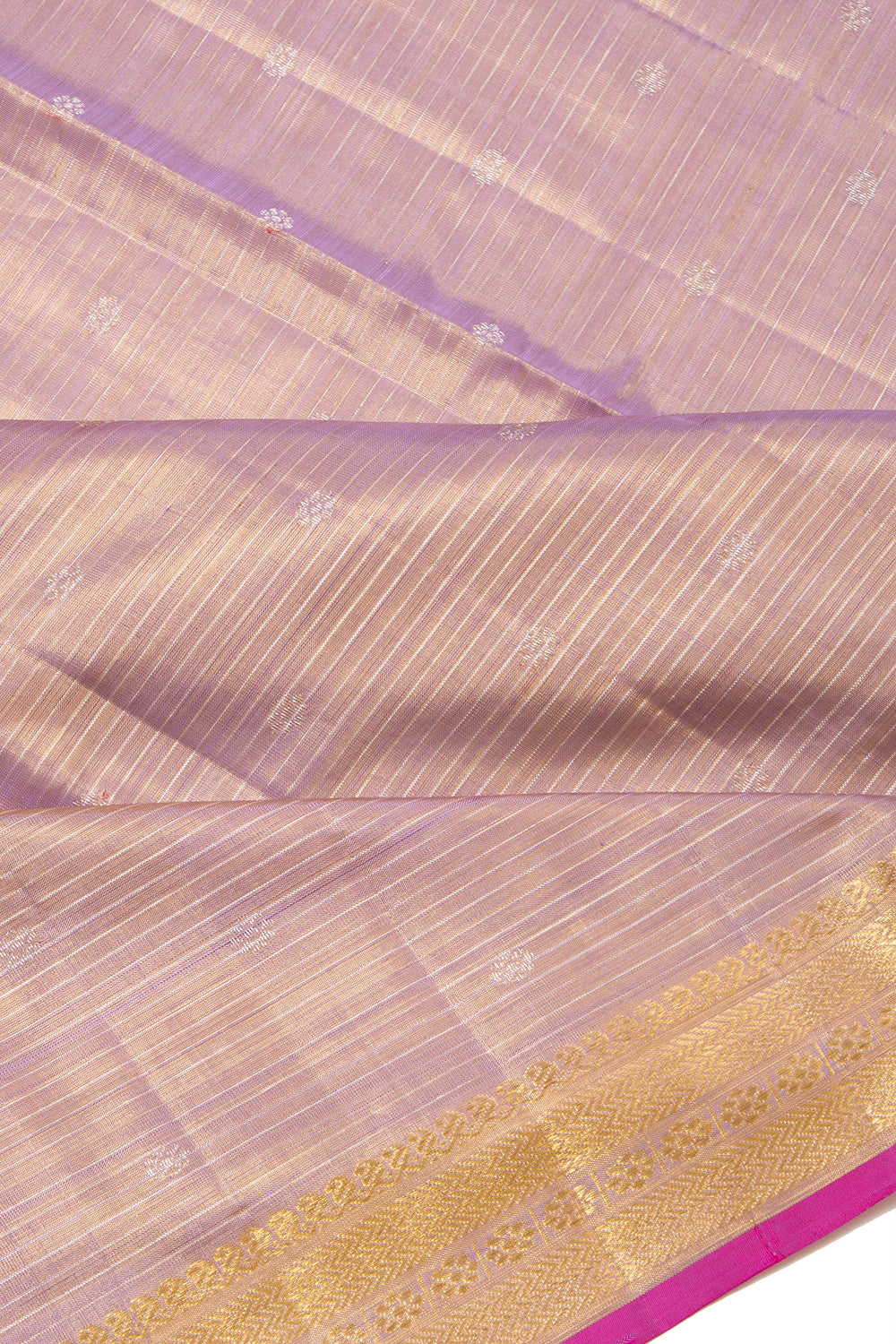 Kanchipuram Silk Tissue Horizontal Lines Lavender Saree With Small Border