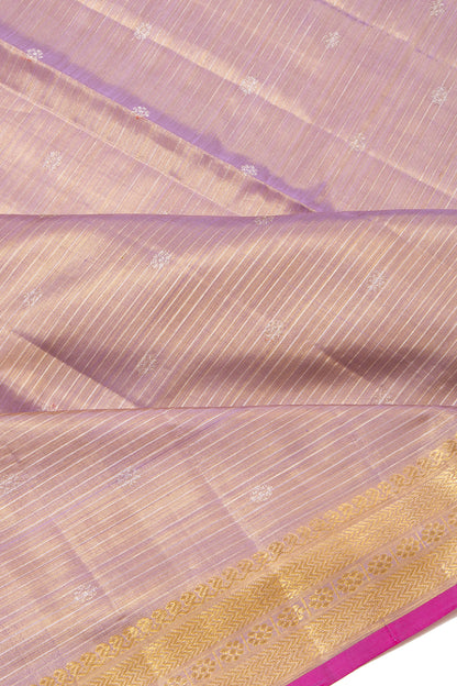 Kanchipuram Silk Tissue Horizontal Lines Lavender Saree With Small Border