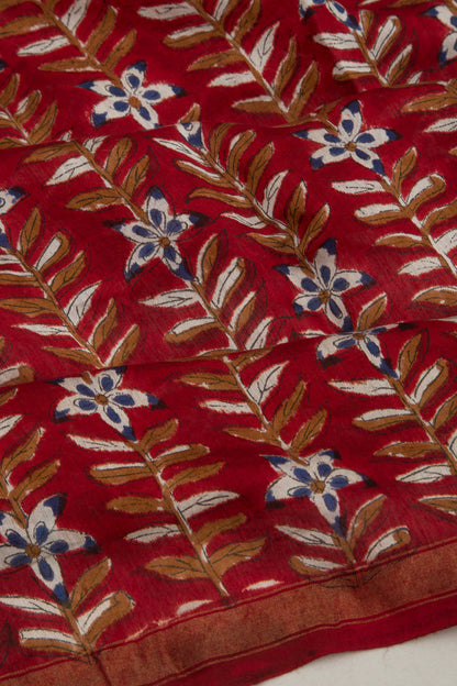 Chanderi Cotton Floral Block Printed Red Saree