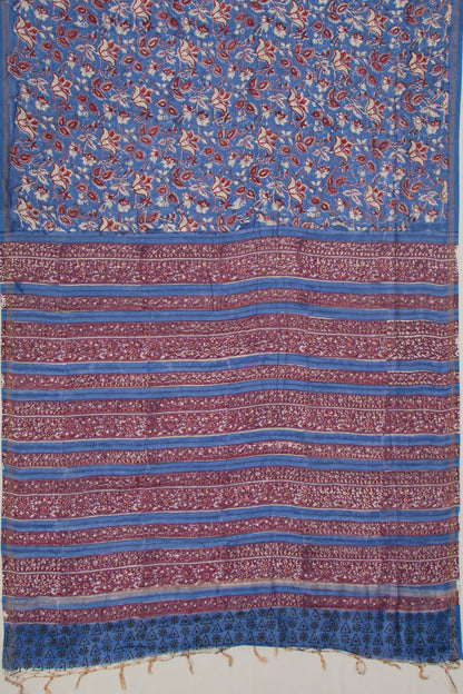Chanderi Cotton Floral Block Printed Blue Saree