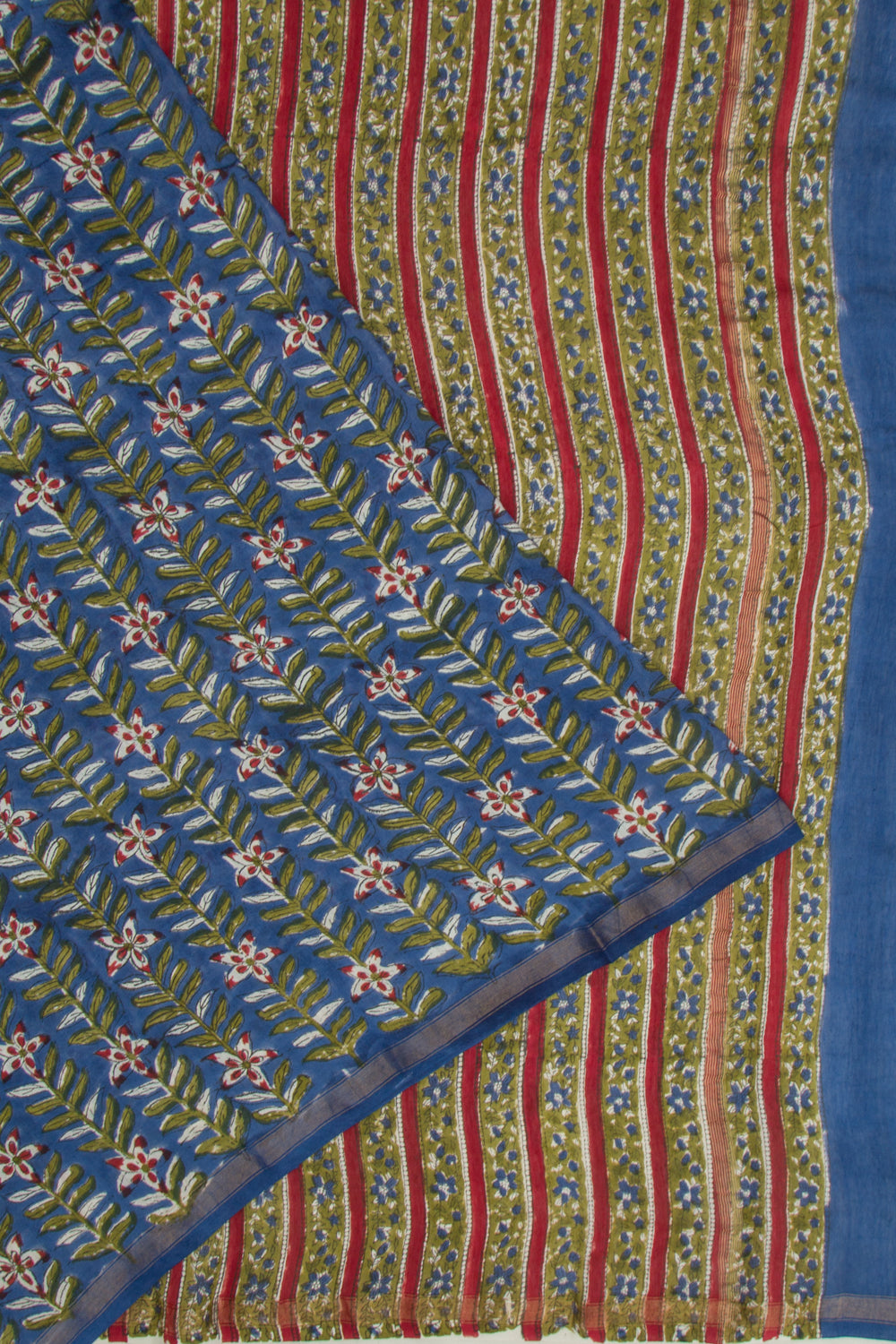 Chanderi Cotton Floral Block Printed Dark Blue Saree