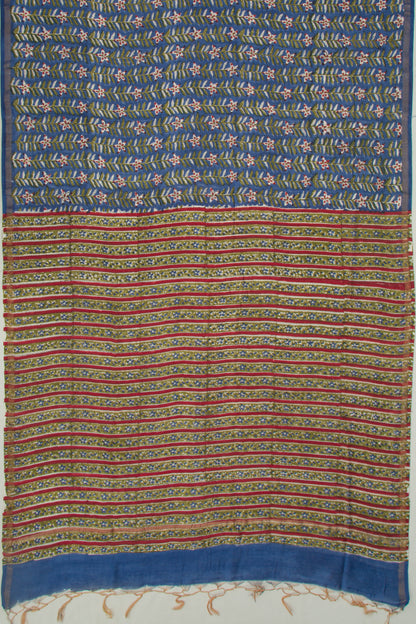 Chanderi Cotton Floral Block Printed Dark Blue Saree