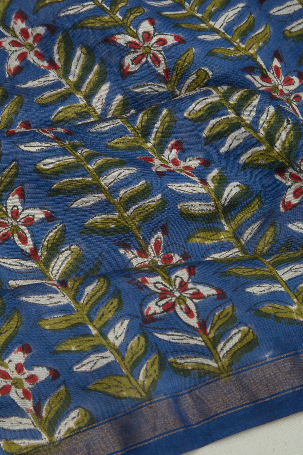 Chanderi Cotton Floral Block Printed Dark Blue Saree