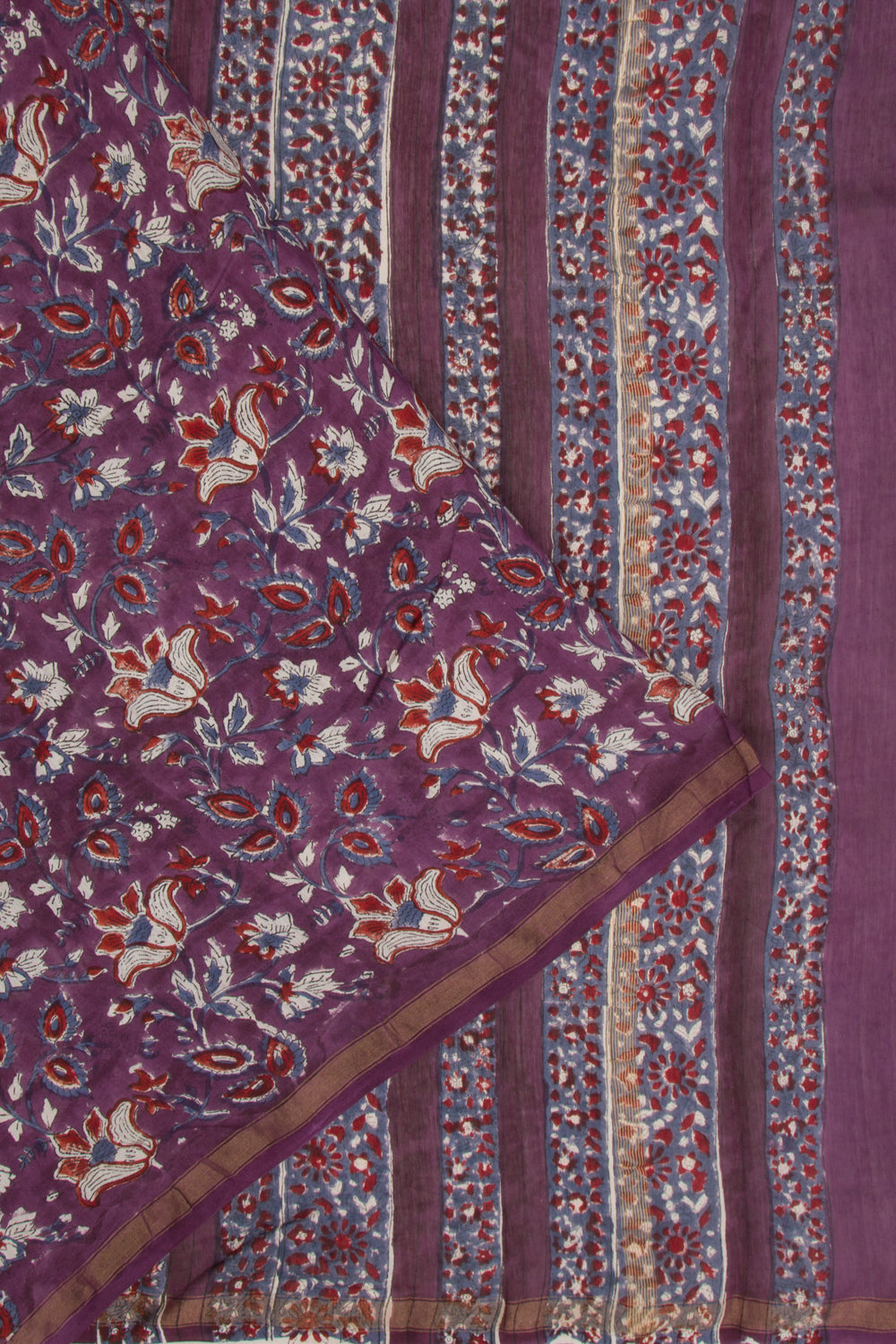 Chanderi Cotton Floral Block Printed Purple Saree