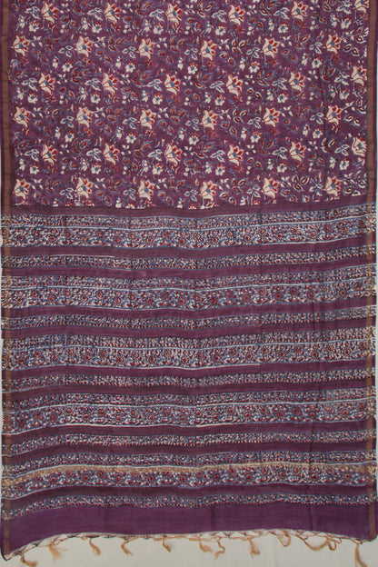 Chanderi Cotton Floral Block Printed Purple Saree