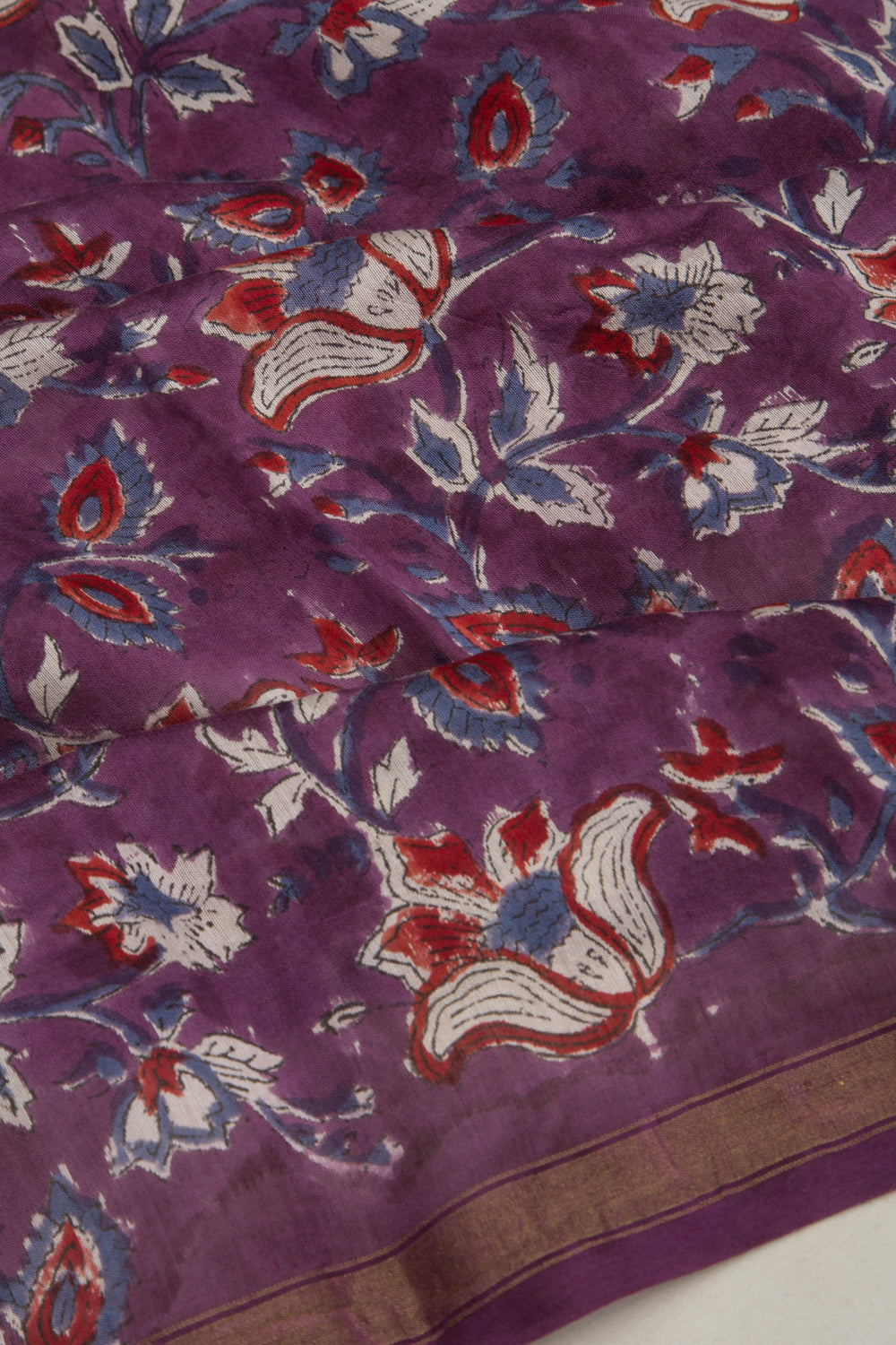Chanderi Cotton Floral Block Printed Purple Saree