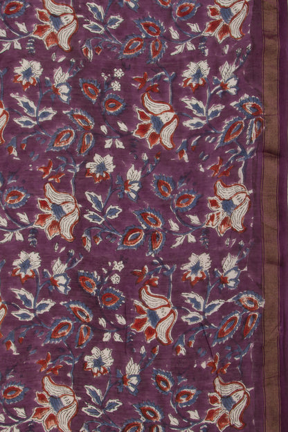 Chanderi Cotton Floral Block Printed Purple Saree
